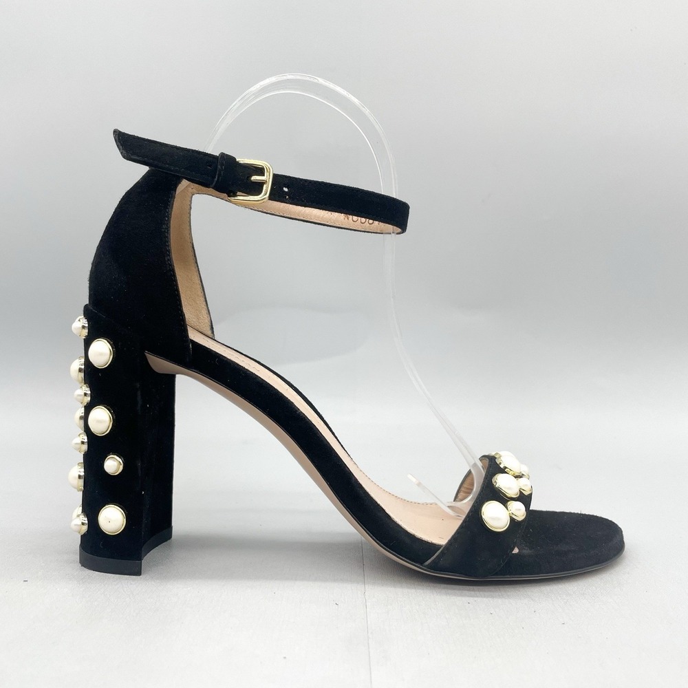 Stuart Weitzman Womens 8M More Pearl Sandals‎ Shoes Black Suede Strappy Heels